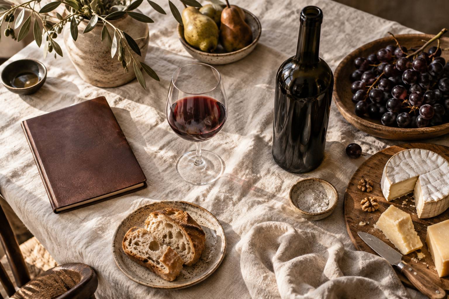 Verre de vin rouge et grappe de raisins noirs sur une table de degustation