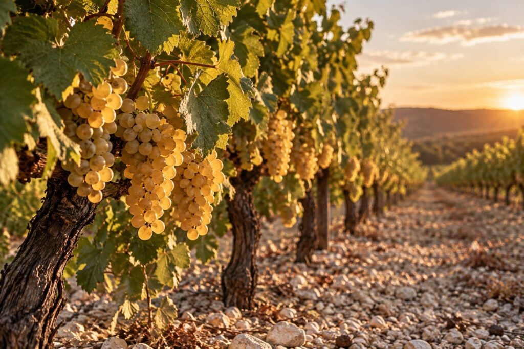 Grappes de raisin blanc dorees sur des ceps de vigne alignes en fin de journee