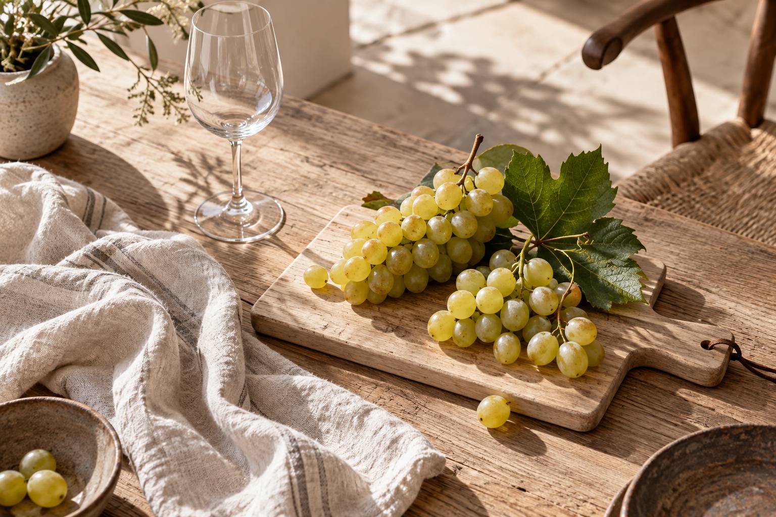 Grappes de raisin blanc sur une planche en bois clair avec une feuille de vigne