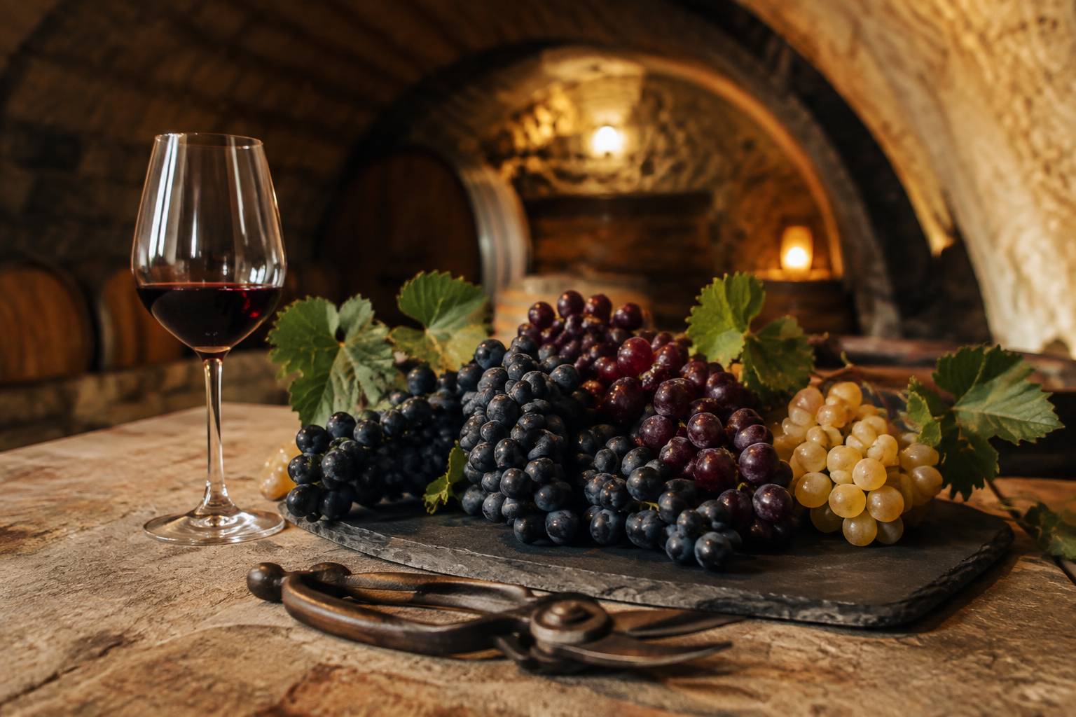 Grappes de grenache, carignan et muscat posées sur une ardoise avec un verre de vin sans étiquette