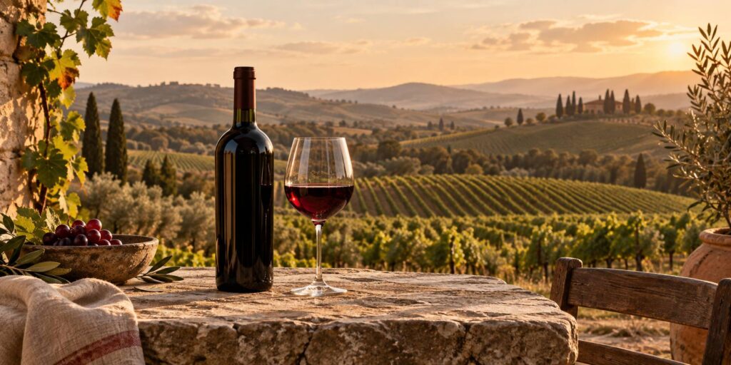 Vignoble de Toscane avec rangs de Sangiovese, cyprès et verre de vin