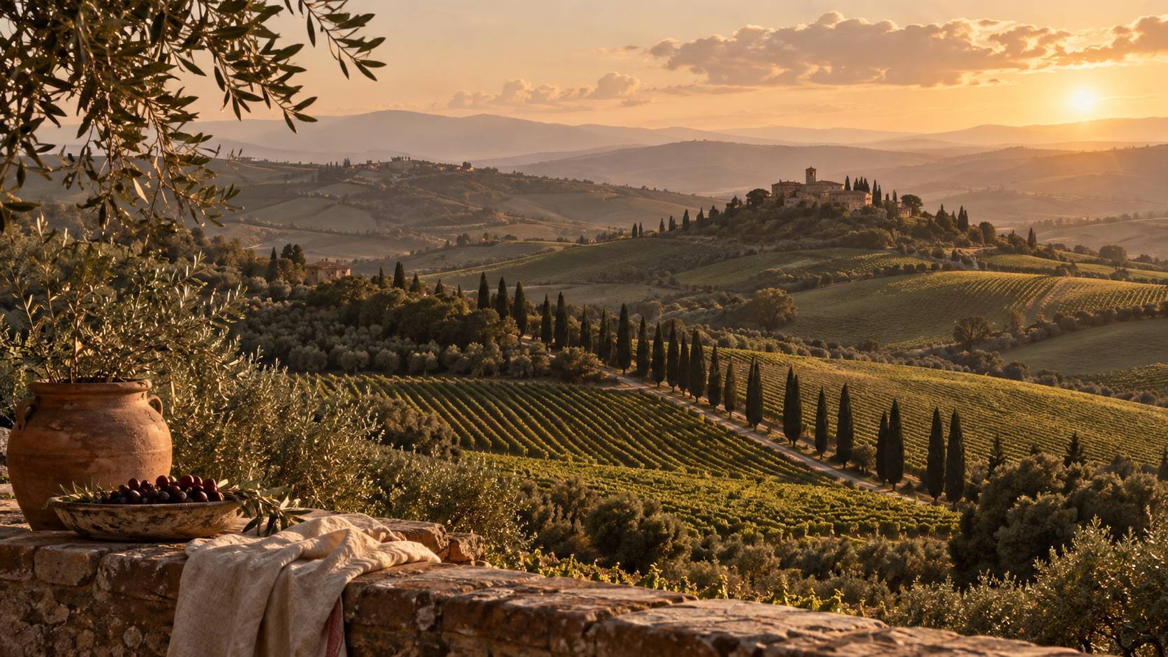 Vignoble de Toscane avec rangs de Sangiovese, cyprès et verre de vin