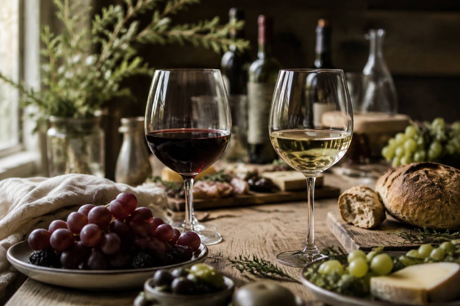 Verres de vin rouge et blanc avec du raisin sur une table