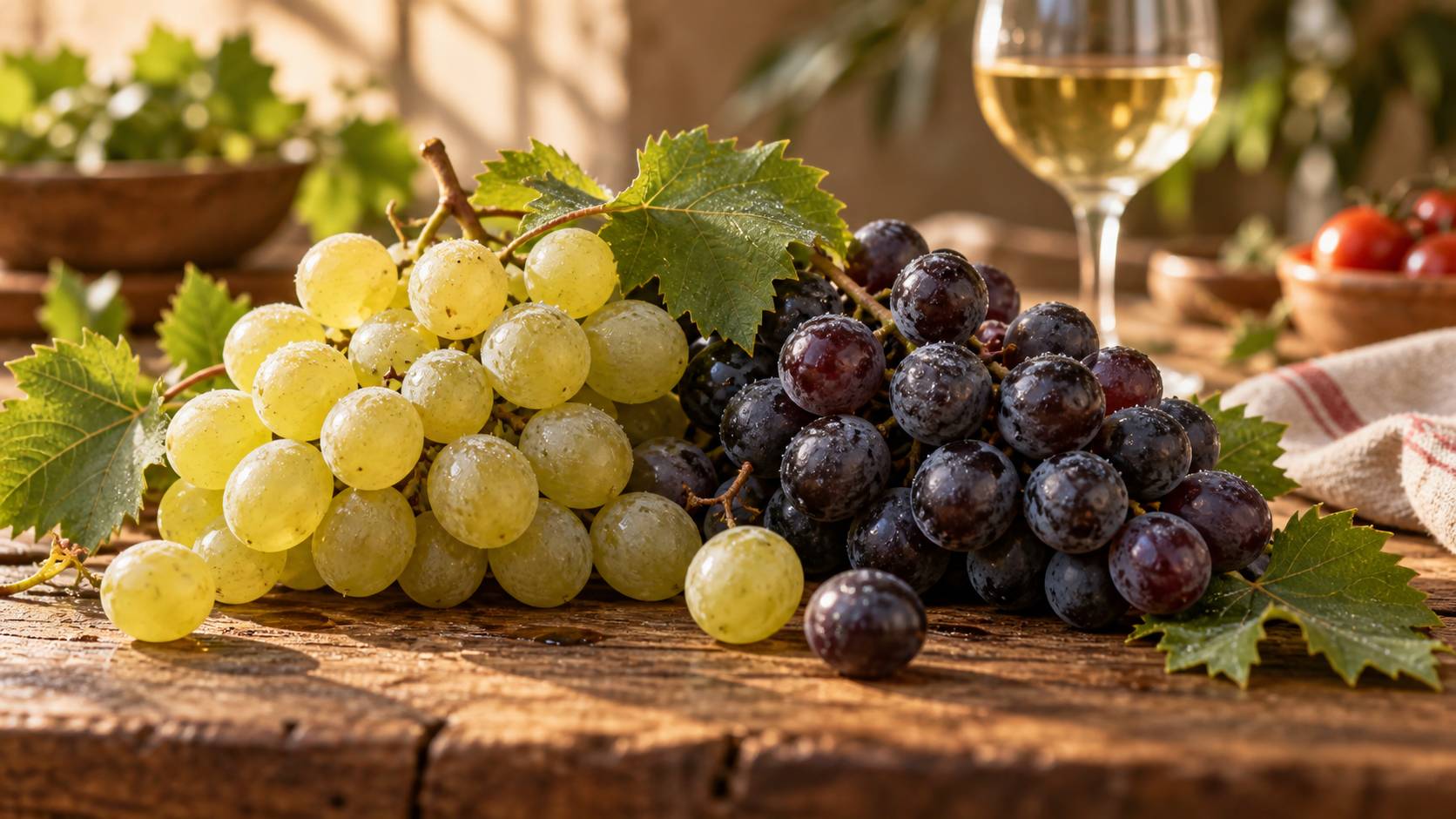 Grappes de raisin blanc et noir sur une table en bois