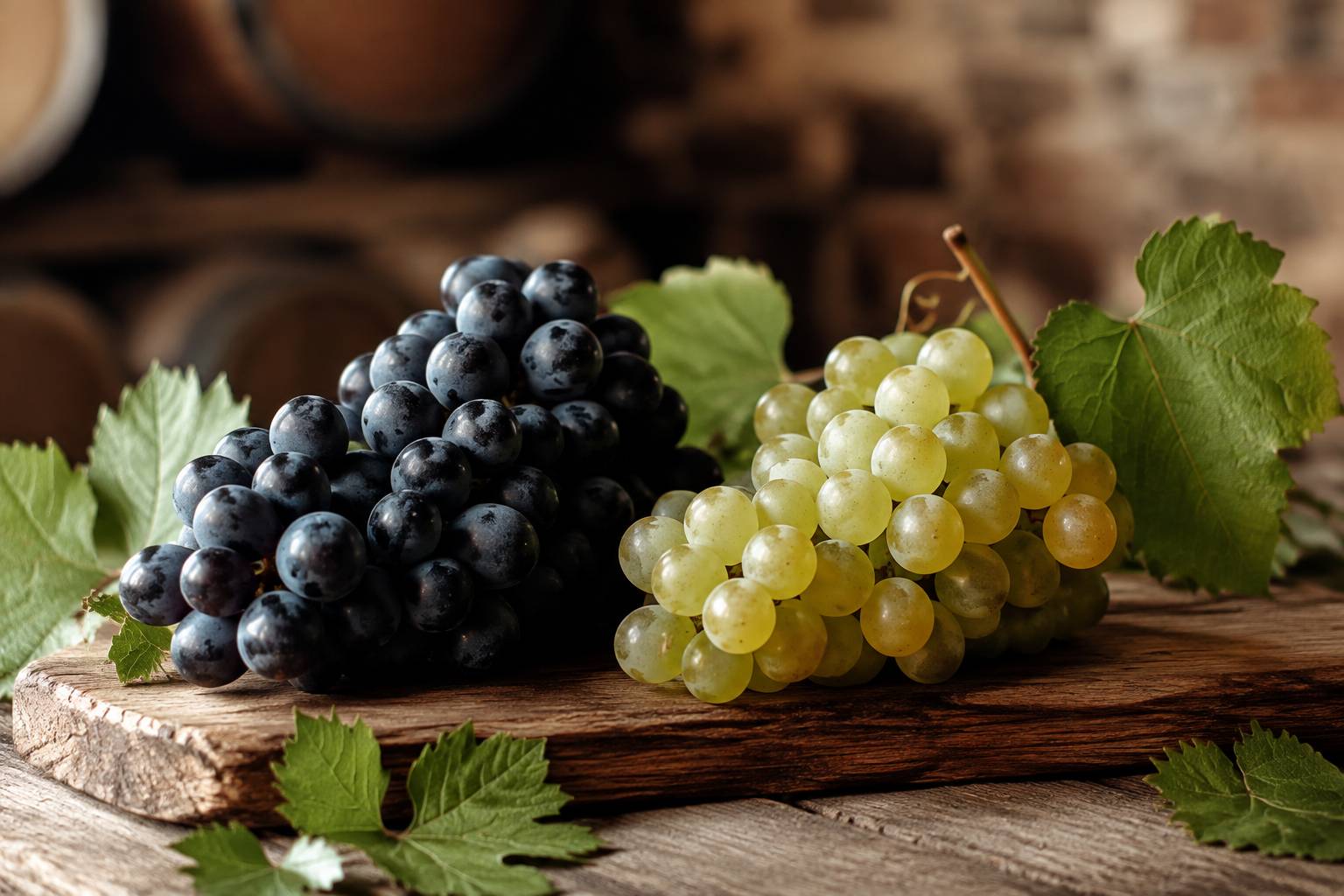 Grappe de raisin noir et grappe blanche sur une planche de bois avec feuilles de vigne