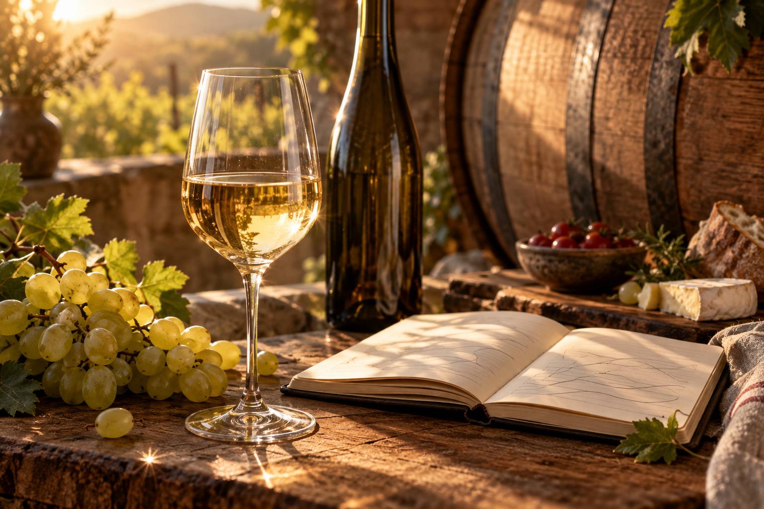 Gros plan sur un verre de vin blanc d'Alsace et une grappe de raisin