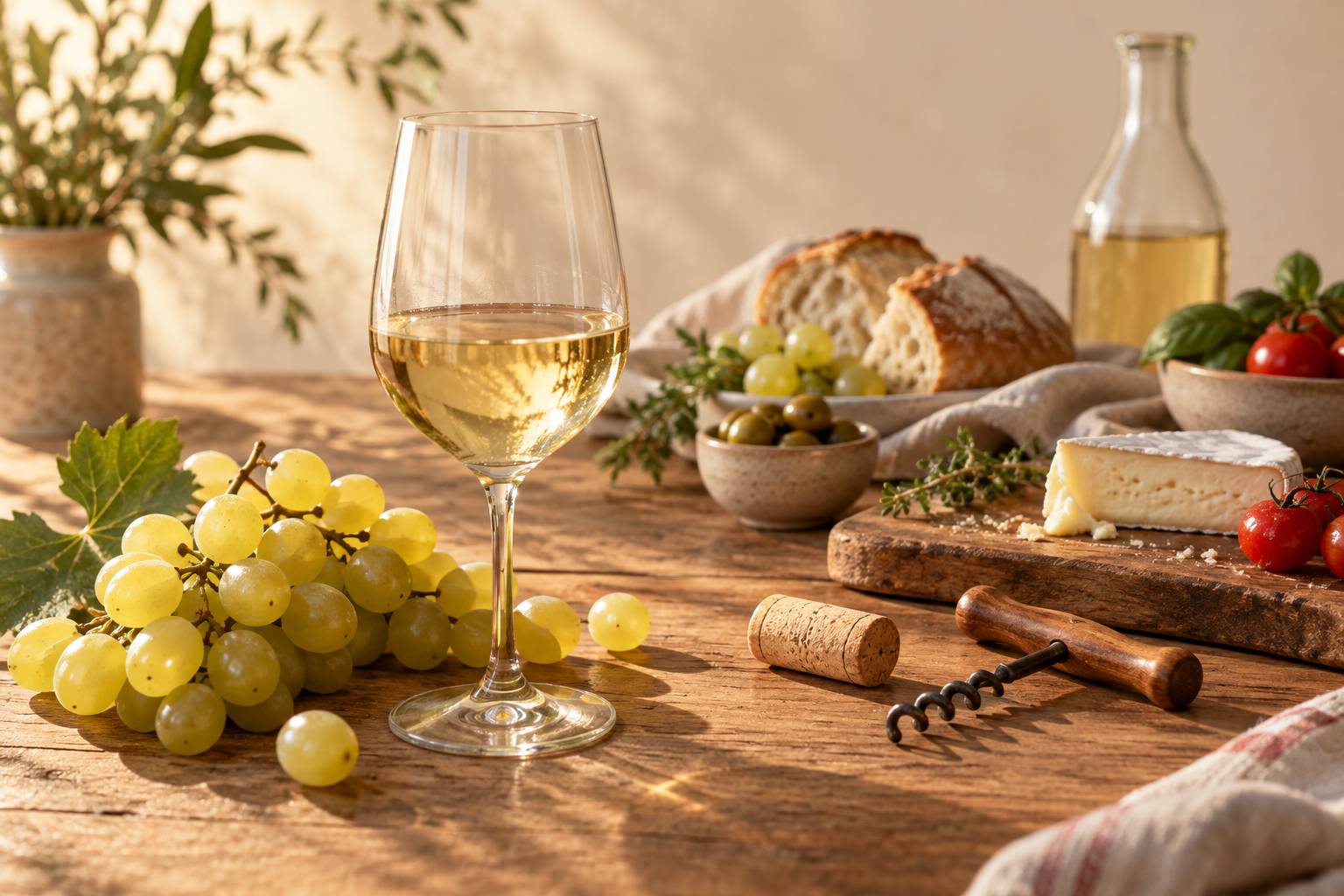 Gros plan sur un verre de vin blanc et une grappe de raisin doré