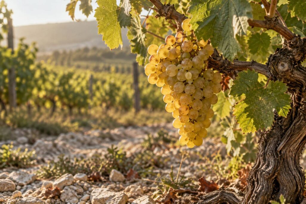 Grappe de raisins blancs dorés sur un cep avec feuilles de vigne