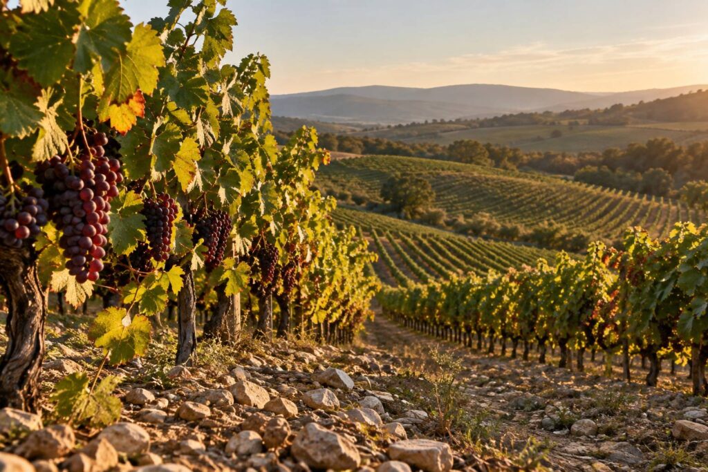 Vignoble en pente avec rangées de ceps et grappes de raisin mûres au soleil couchant