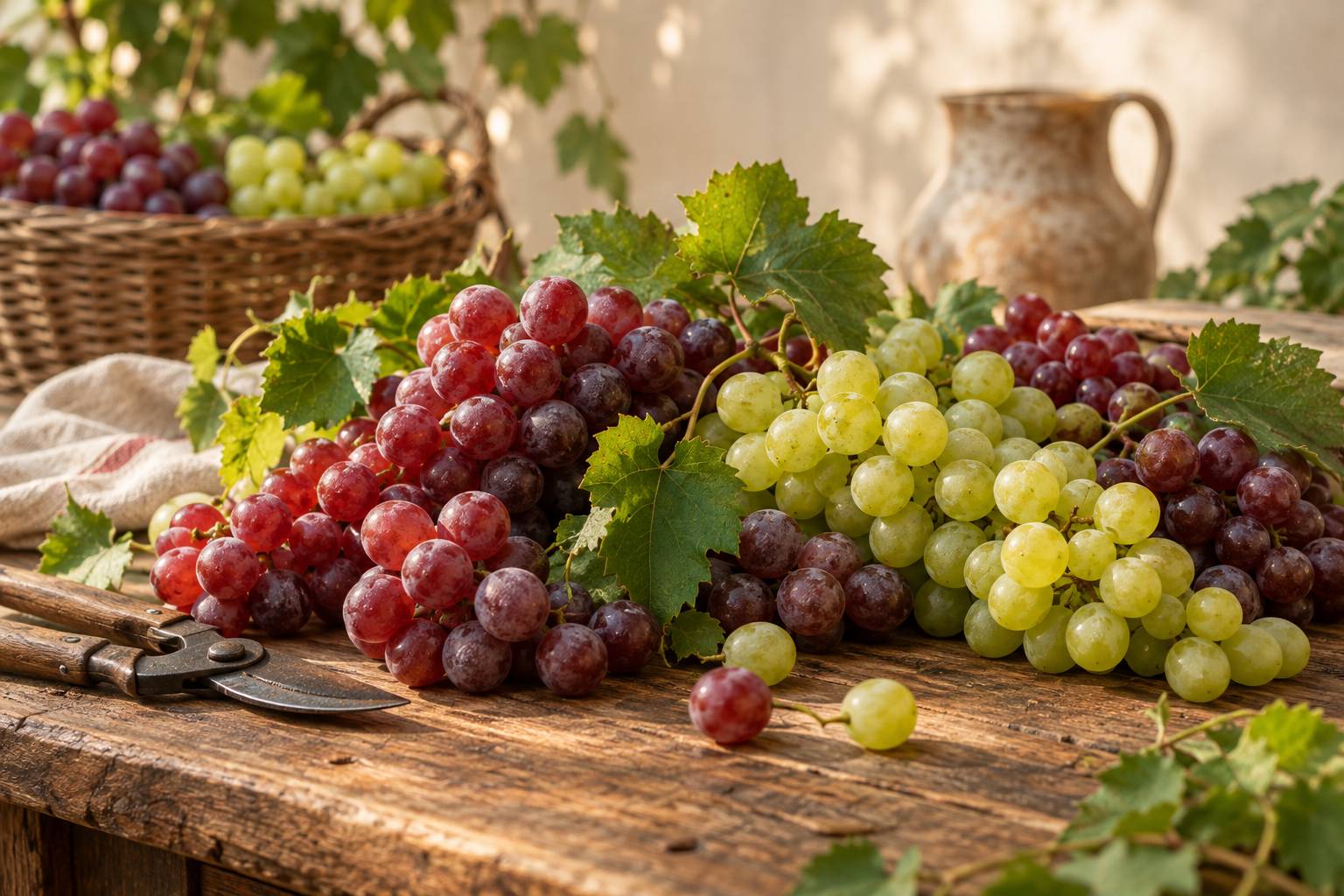 Grappes de raisin rouge et blanc sur une table en bois avec feuilles de vigne