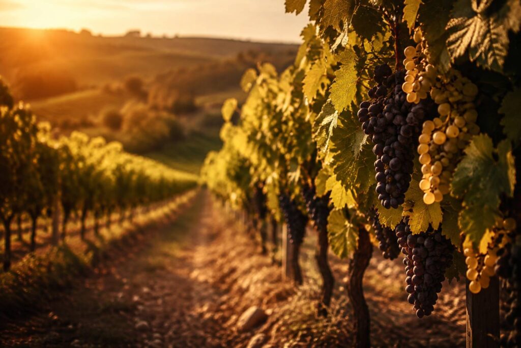 Rangs de vigne chargés de grappes de raisins mûrs au soleil