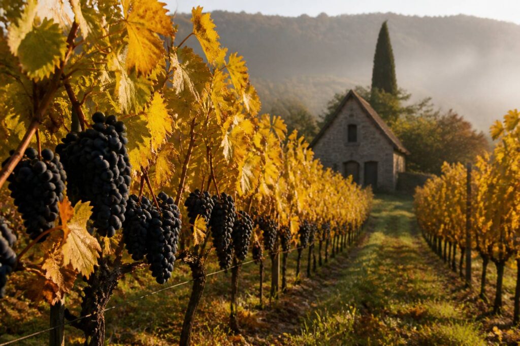 Vignoble d'Europe centrale aux grappes de raisin noir mûr du cépage Saint Laurent en automne