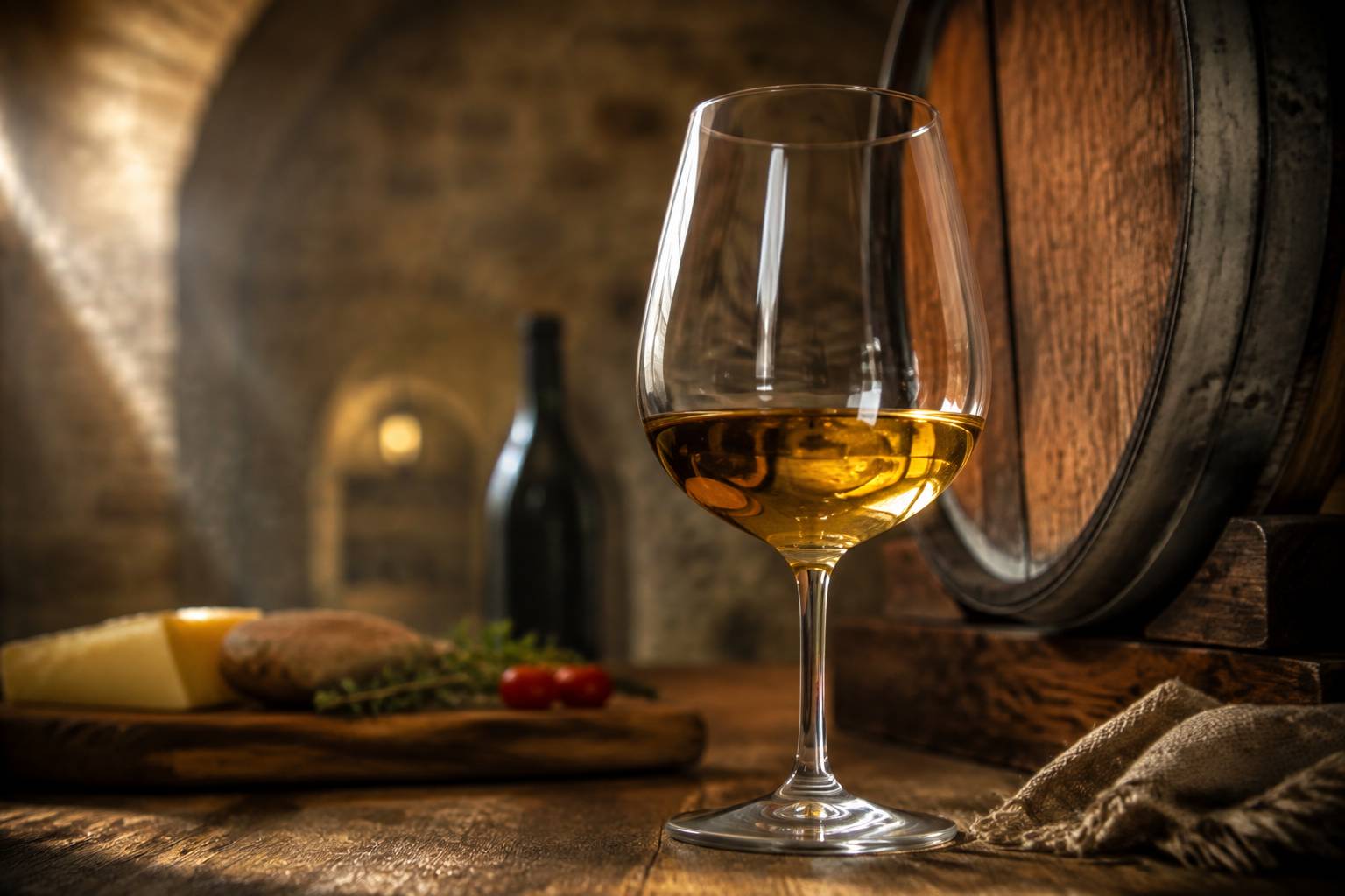 Verre de vin jaune doré devant un fût dans une cave voûtée