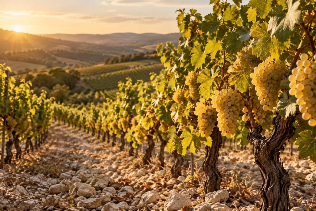 Vignes a raisins blancs et grappes dorees serrees sous une lumiere chaude de fin de journee
