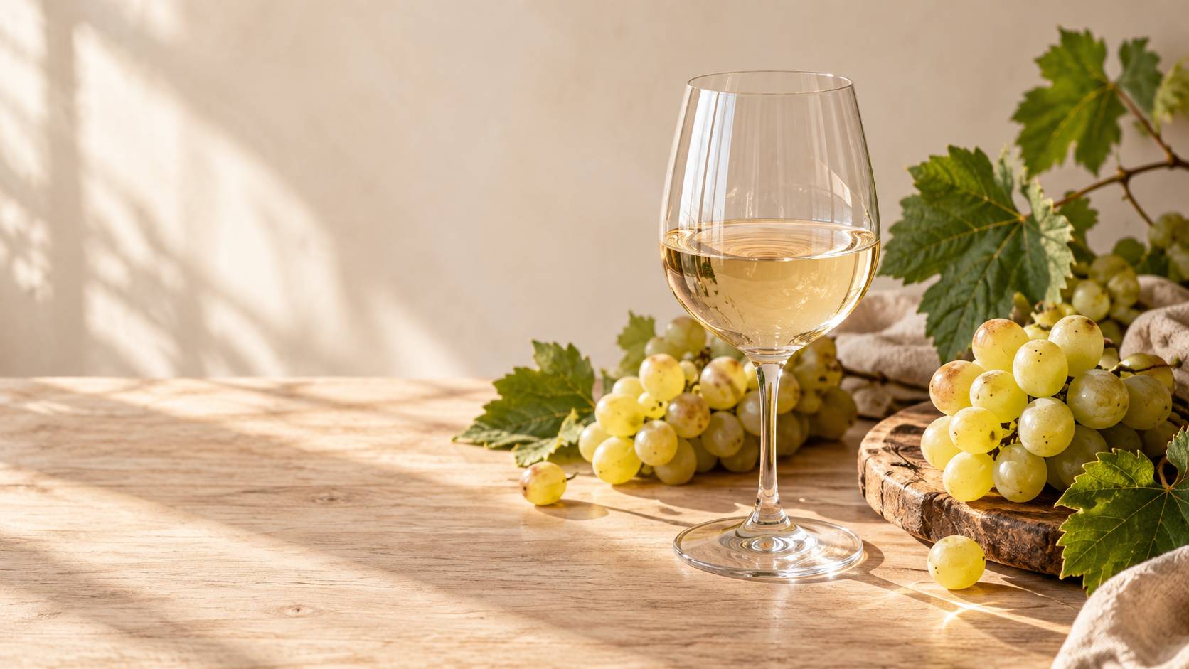 Verre de vin blanc et grappes de raisins blancs sur une table en bois pale