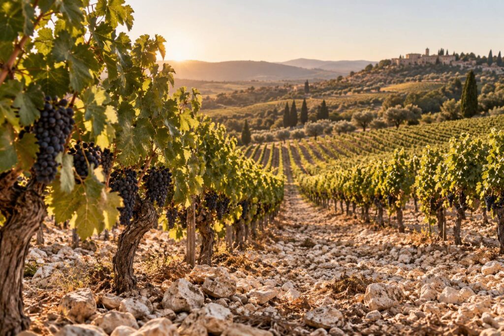 Rangs de vignes aux grappes de raisin noir sous un ciel degage