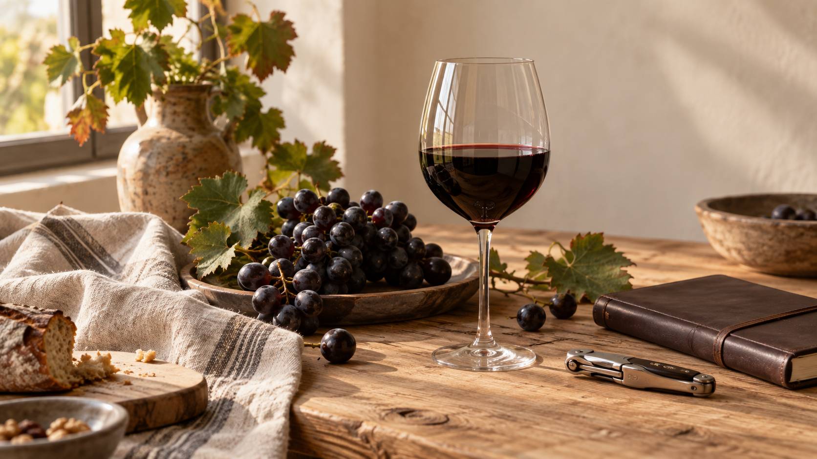 Verre de vin rouge sombre et grappes de raisin noir sur une table en bois