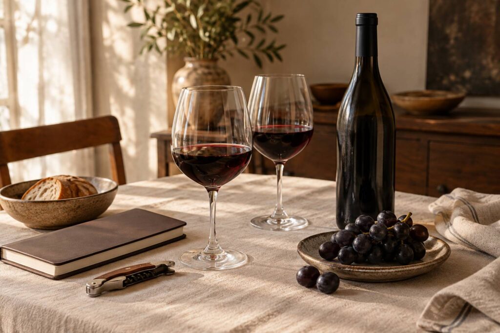 Verres de vin rouge et grappe de raisins noirs sur une table de dégustation