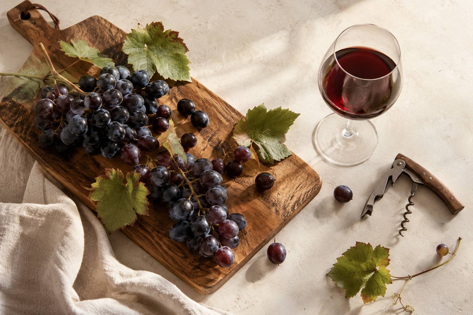 Grappes de raisins noirs et feuilles de vigne sur une planche en bois