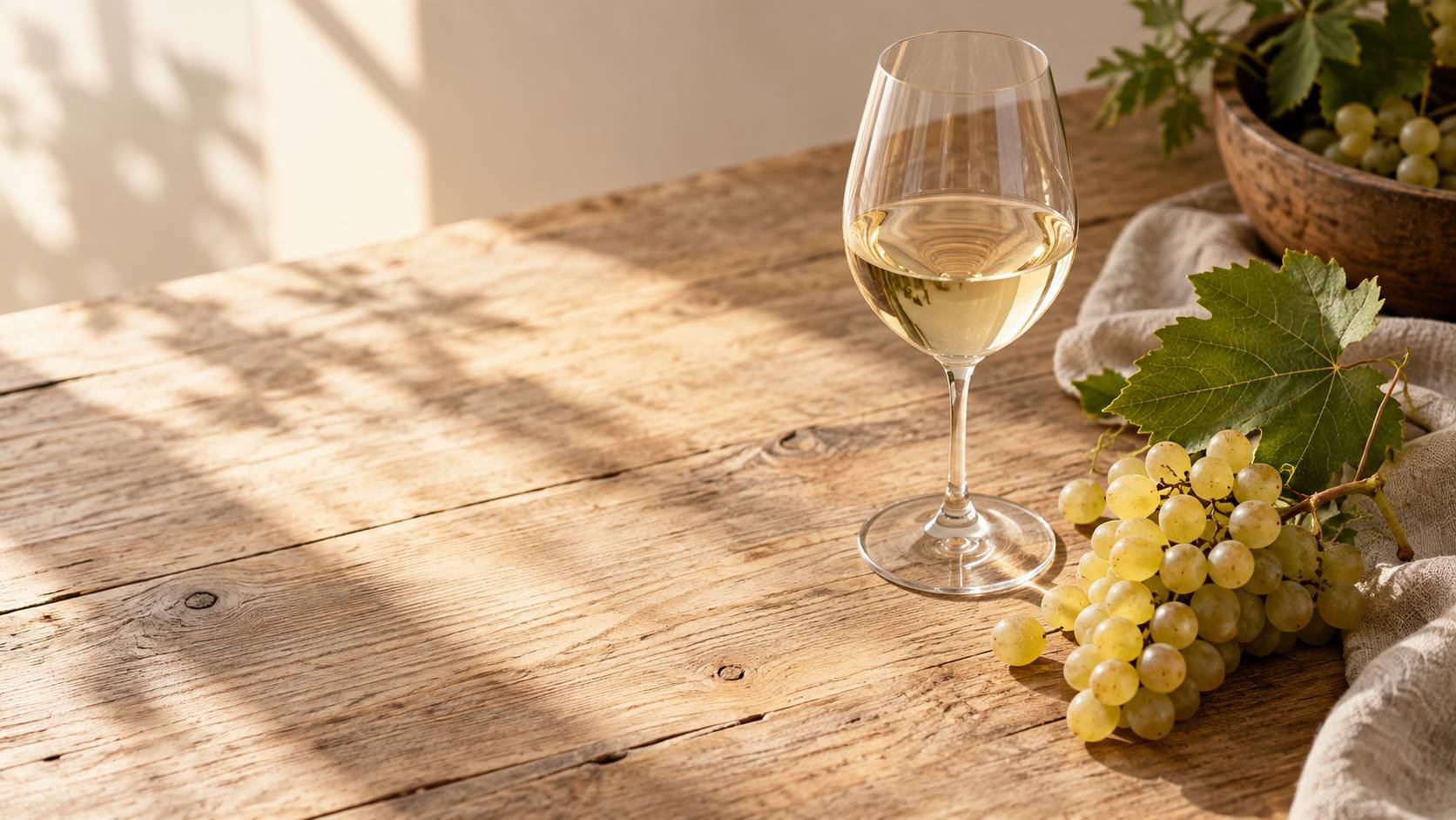 Verre de vin blanc pale et grappe de raisin sur une table claire