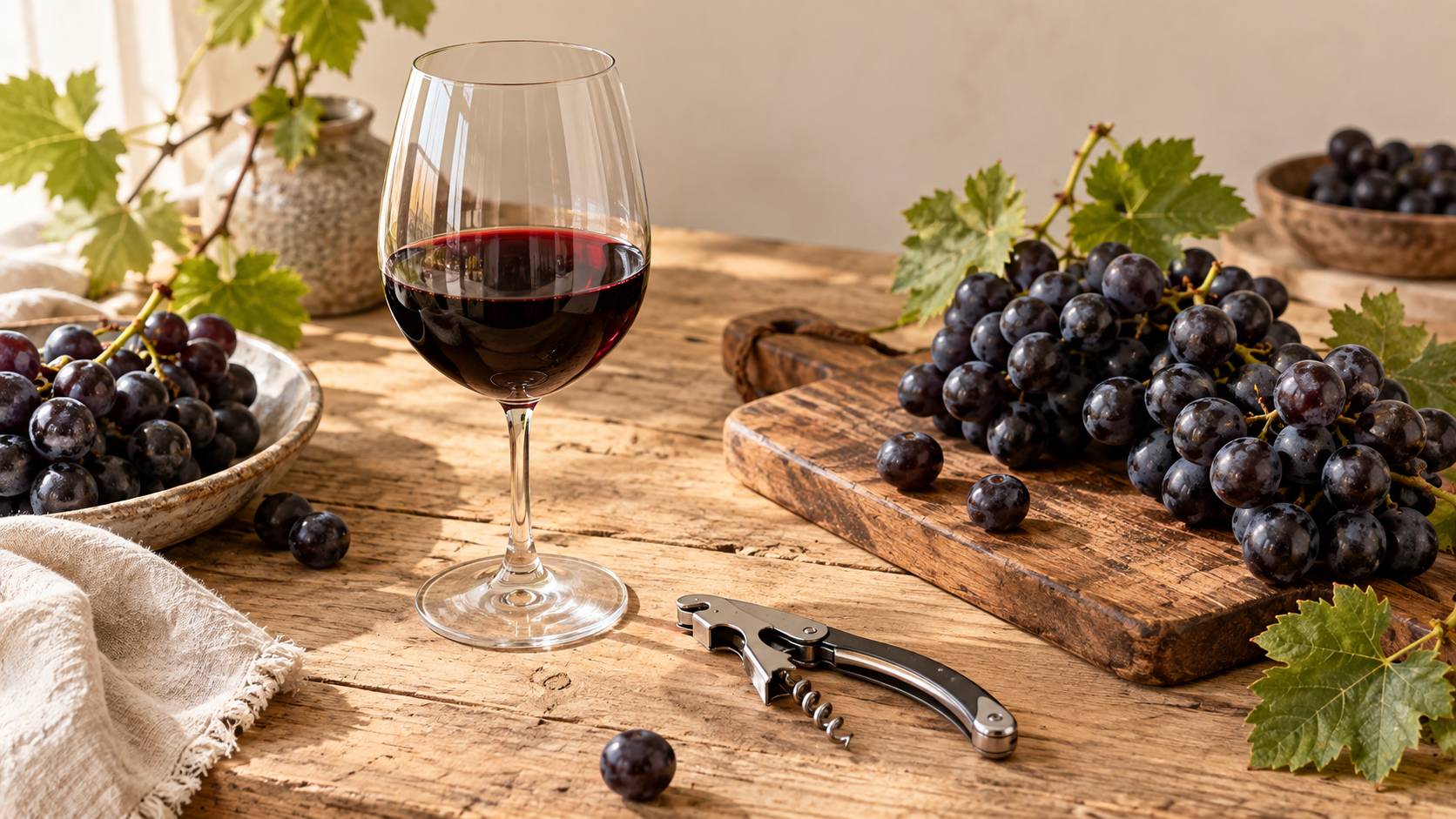 Verre de vin rouge et grappes de raisin noir sur une table en bois clair