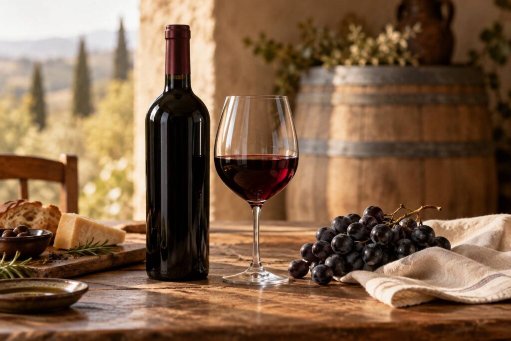 Verre de vin rouge et grappe de raisin noir sur une table de degustation