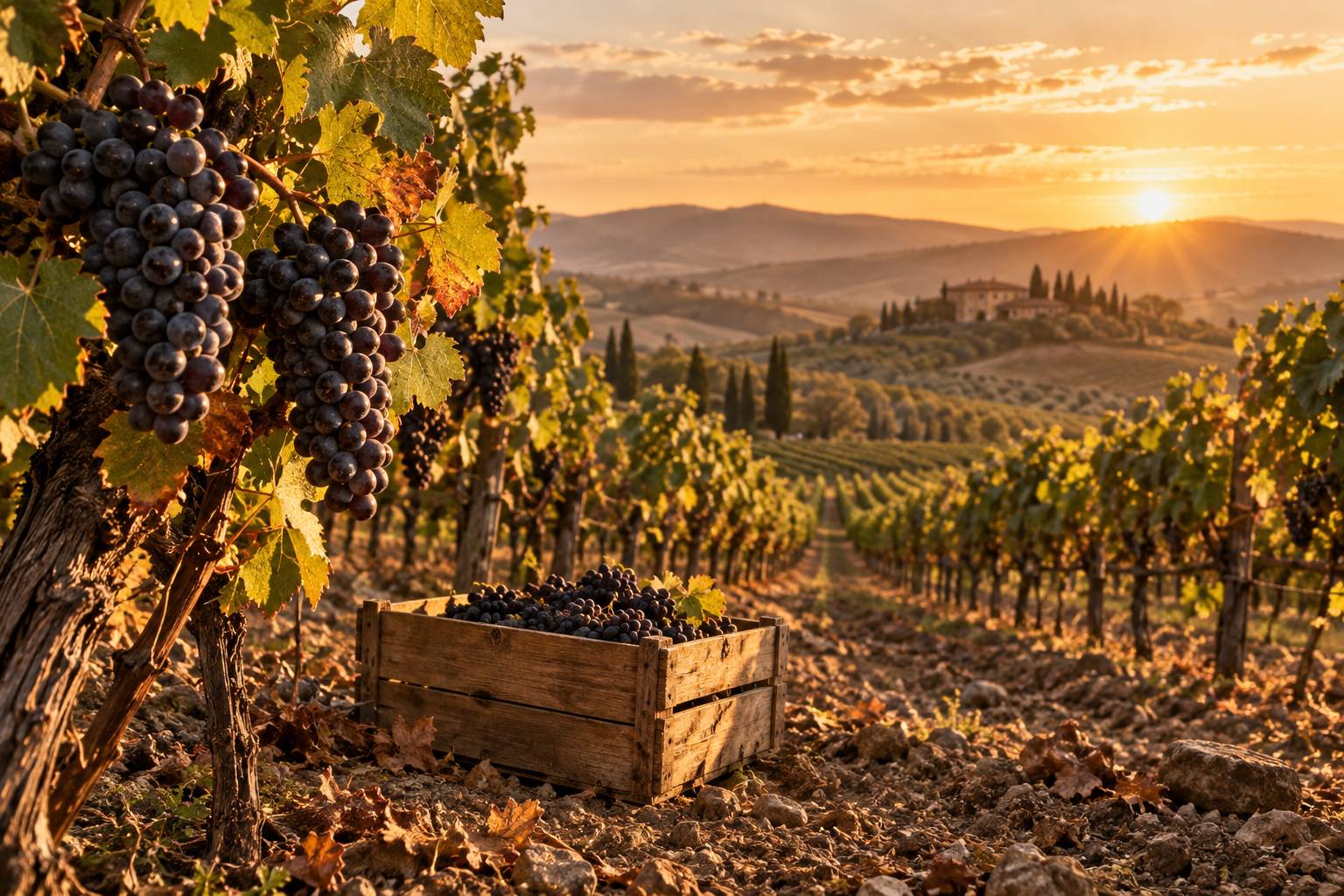 Vignoble au coucher du soleil avec grappes de raisin noir mures