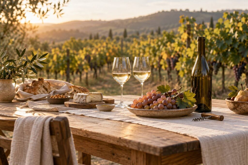Table de degustation avec deux verres de vin blanc et grappes de raisin gris-rosee