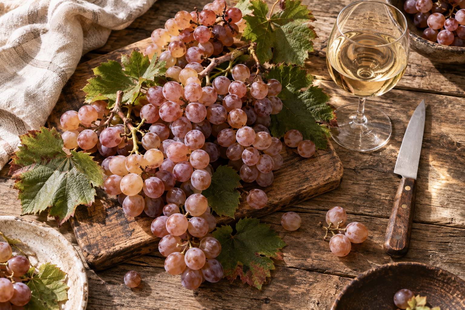 Grappes de raisin gris-rosee et verre de vin blanc pose sur une table en bois rustique