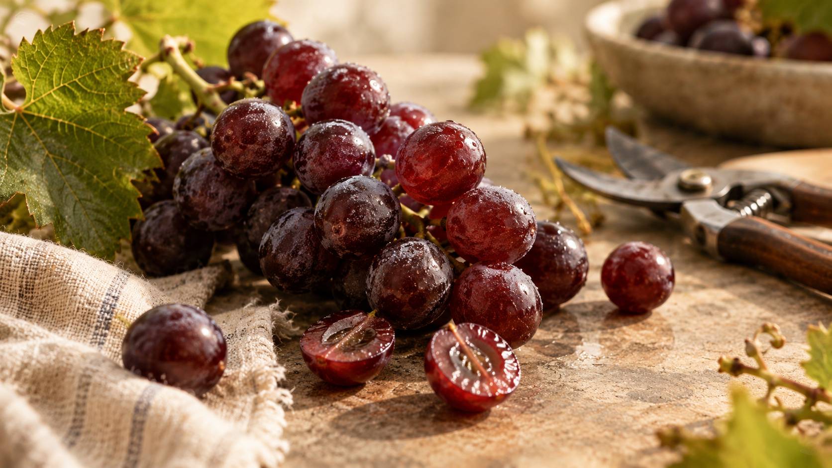 Gros plan d'une grappe de raisins rouges coupee avec sa pulpe coloree