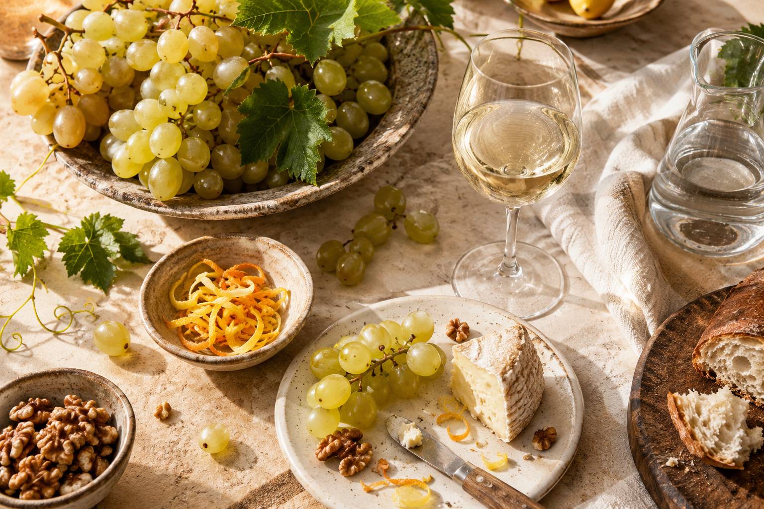 Raisins blancs, zeste d'agrume et verre de vin blanc sur un plan de travail clair
