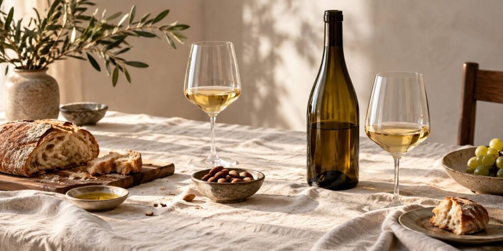 Table de dégustation avec deux verres de vin blanc et une bouteille sans étiquette