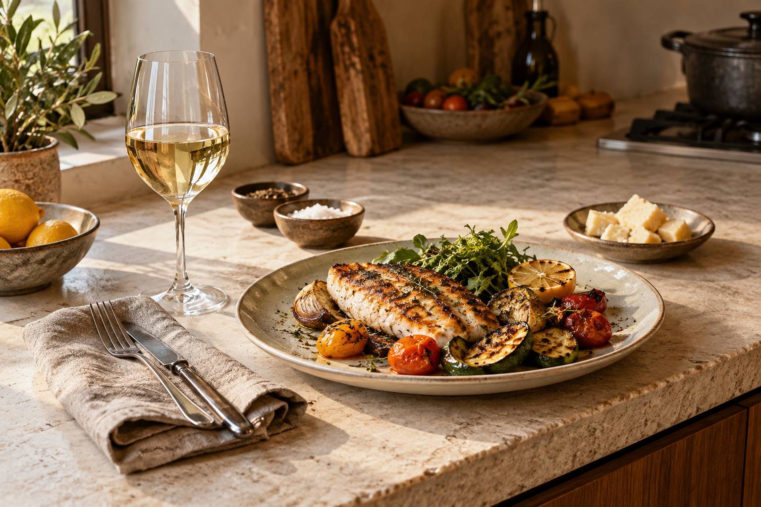 Verre de vin blanc servi avec un plat de poisson grillé et des légumes