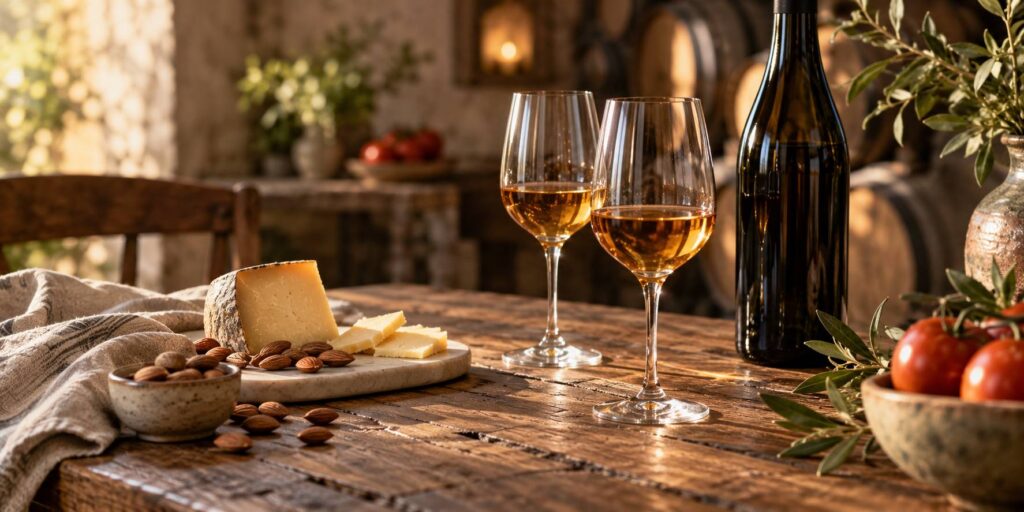 Verres de xérès ambré et bouteille générique sur une table en bois dans une cave